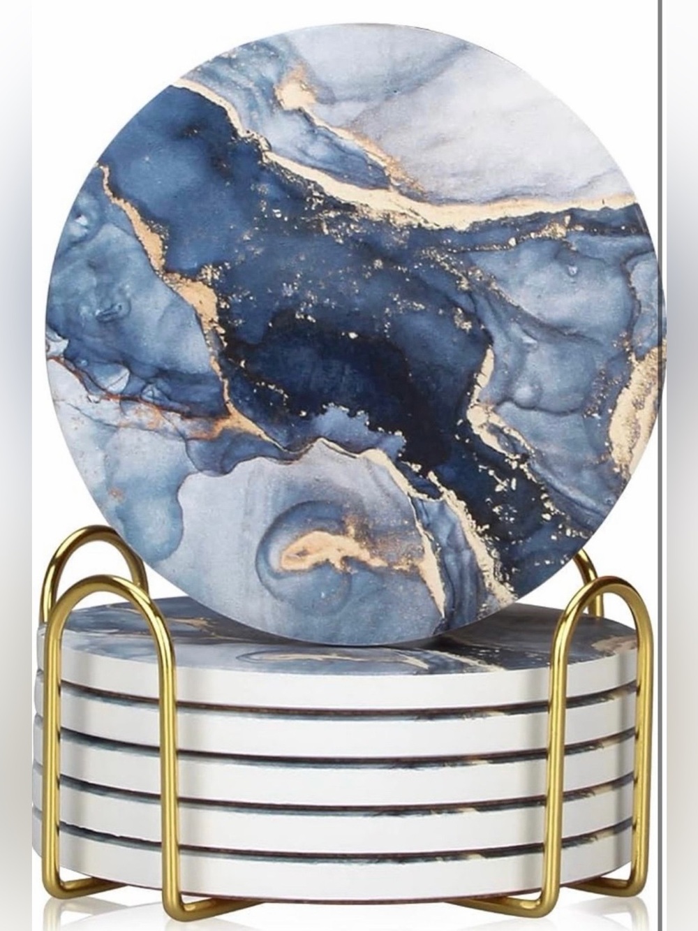 NWT Navy Blue Marble Ceramic Coasters Set of 6 with Gold Holder